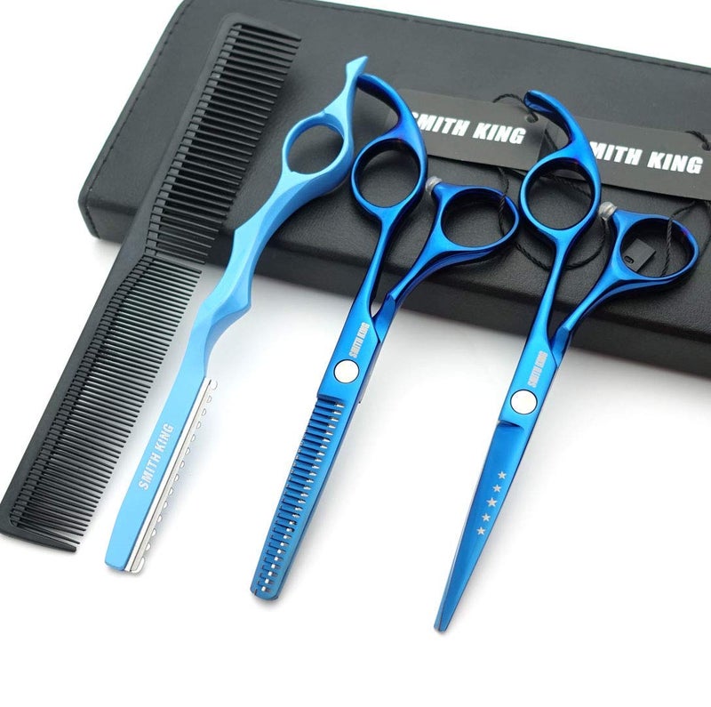 Smithking 5.5 Inches Hair Cutting Scissors Set with Razor Combs Lether Scissors Case,Hair Cutting Shears Hair Thinning Shears for Personal and Professional (Blue) - Image 1